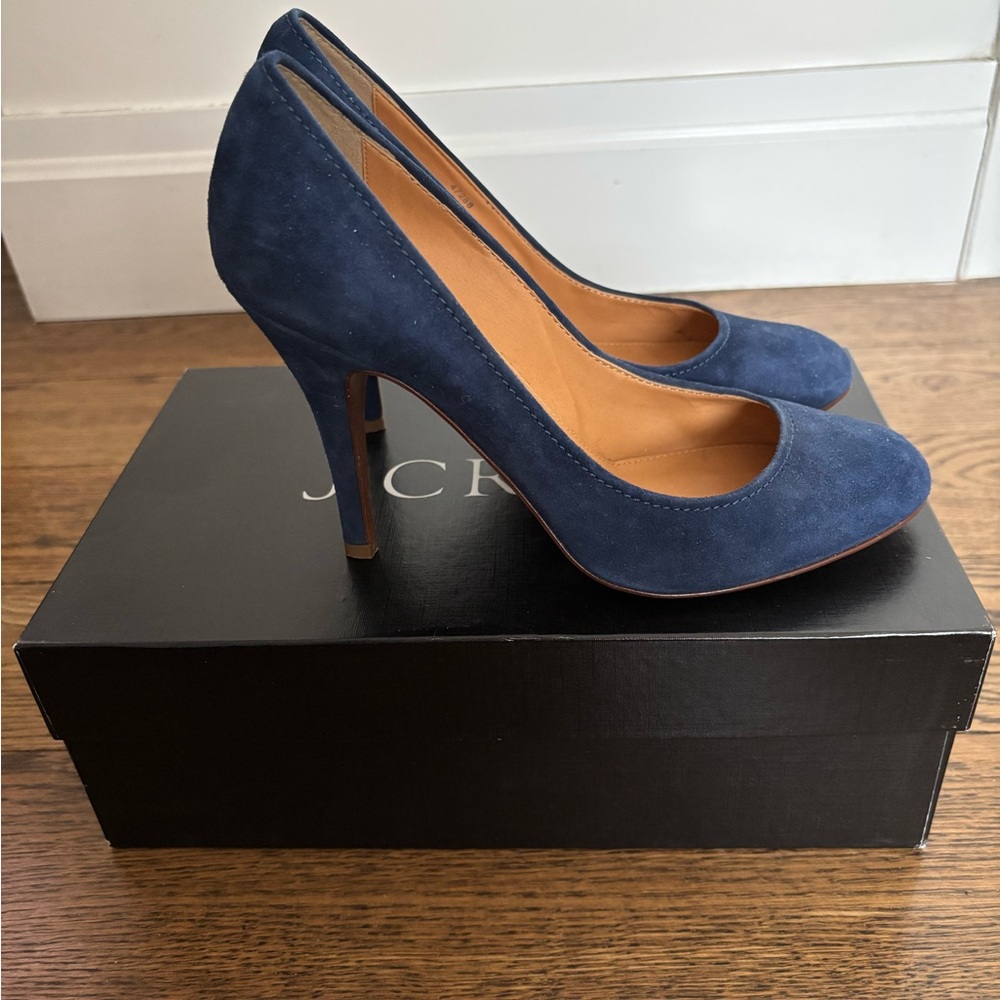 J Crew Deep Atlantic Blue Suede Mona Round Heels Office Pumps 7.5